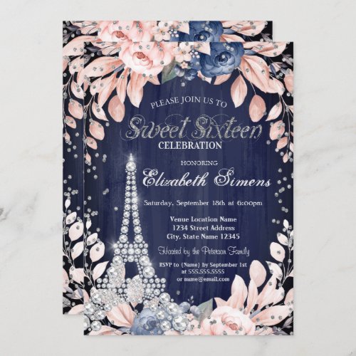 Eiffel Tower Diamonds Navy Blue Roses Sweet 16 Invitation