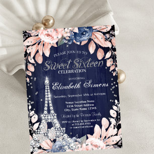 Eiffel Tower Diamonds Navy Blue Roses Sweet 16 Invitation