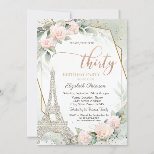 Eiffel Tower Diamonds Pink Roses 30th Birthday Invitation