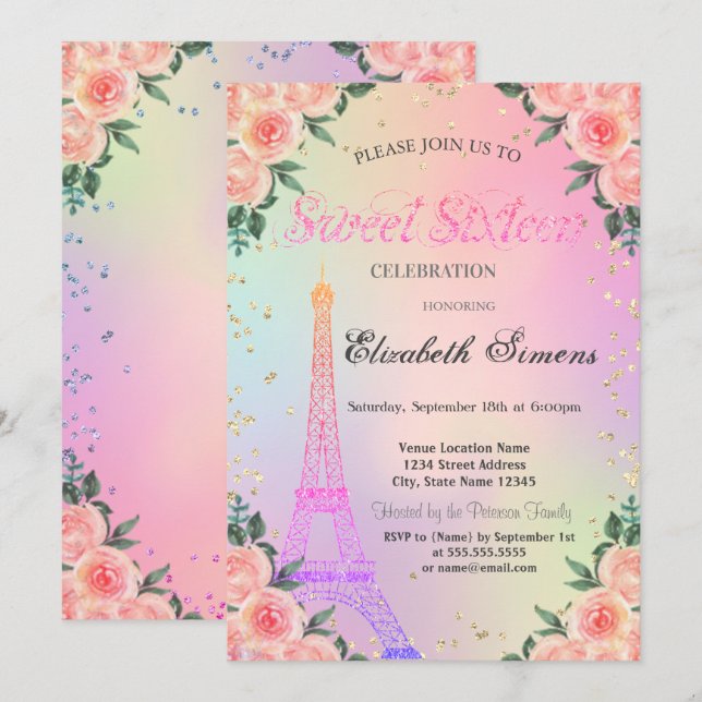 Eiffel Tower Diamonds Roses Holographic Sweet 16 Invitation (Front/Back)