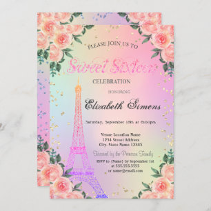 Eiffel Tower Diamonds Roses Holographic Sweet 16 Invitation