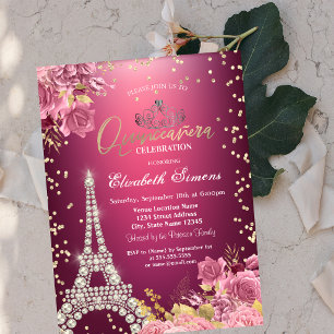 Eiffel Tower Diamonds Roses Red Quinceanera Invitation