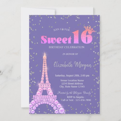  Eiffel Tower Diamonds Violet Sweet 16 Invitation