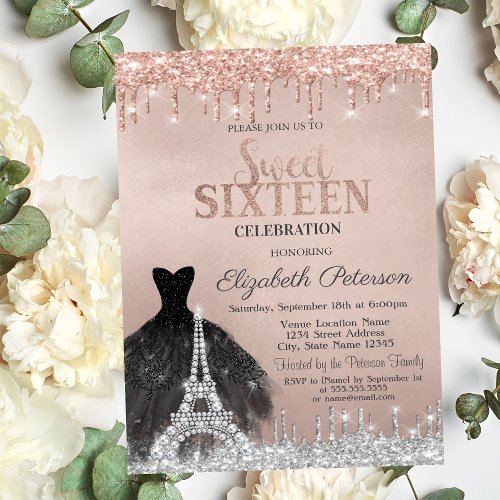 Eiffel Tower Dress Glitter Drips Rose Gold  Invitation