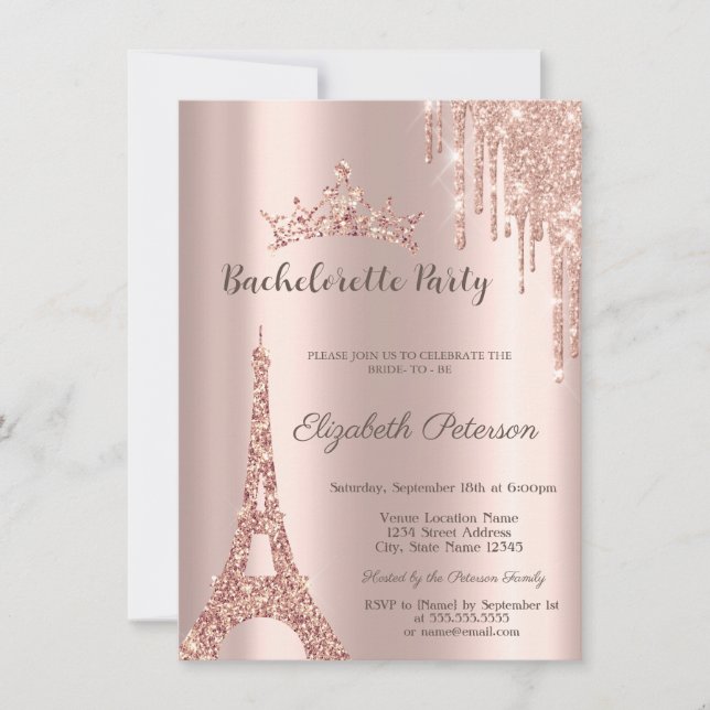Eiffel Tower,Drip Rose Gold Bachelorette Party  Invitation (Front)