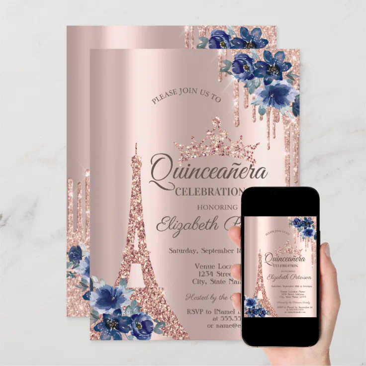 Eiffel Tower,Drips Blue Flowers Quinceañera Invitation Zazzle