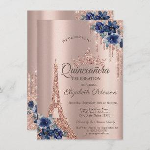 Eiffel Tower,Drips Blue Flowers Quinceañera Invitation