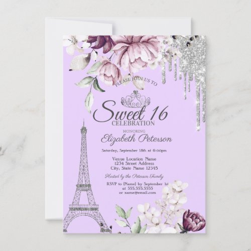  Eiffel TowerDripsLilac Flowers Sweet 16   Invitation
