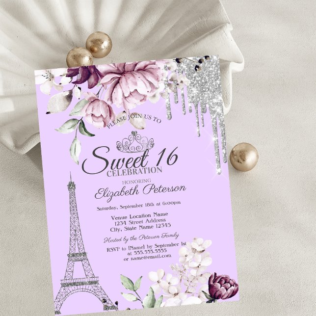  Eiffel Tower,Drips,Lilac Flowers Sweet 16   Invitation (Creator Uploaded)