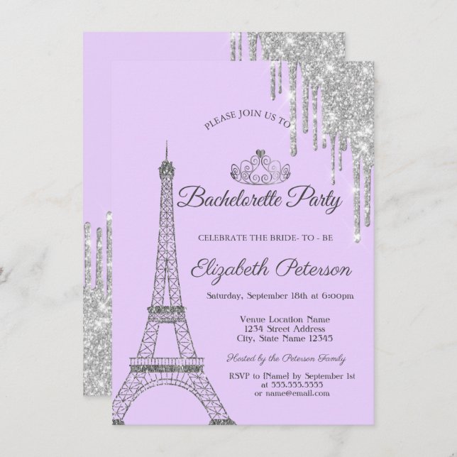 Eiffel Tower,Drips,Purple Bachelorette Party  Invitation (Front/Back)
