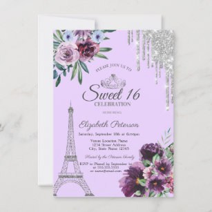  Eiffel Tower,Drips,Purple Flowers Sweet 16   Invitation