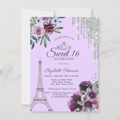  Eiffel TowerDripsPurple Flowers Sweet 16   Invitation