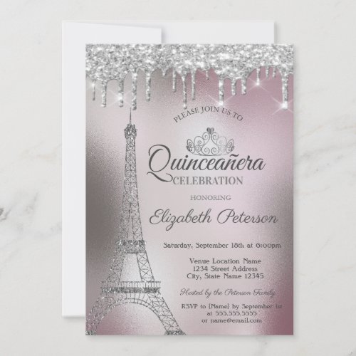 Eiffel TowerDrips Rose Gold Metallic Quinceaera Invitation