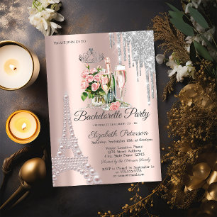 Eiffel Tower,Drips Wine Pearls Bachelorette Party  Invitation