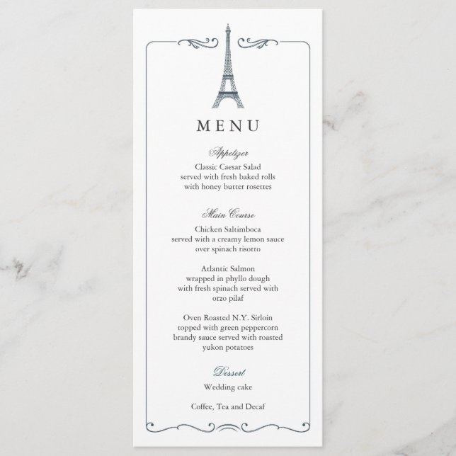 Eiffel Tower Elegant Wedding Menu Card (Front)