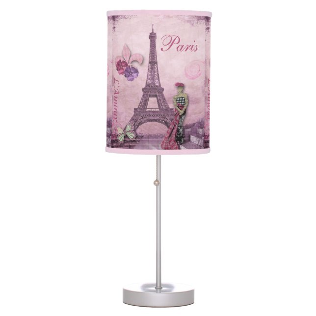 Eiffel Tower Fashion Collage in Lavender & Pink Table Lamp (Front)