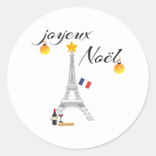 Eiffel Tower Flag of France Joyeux Noel Classic Round Sticker