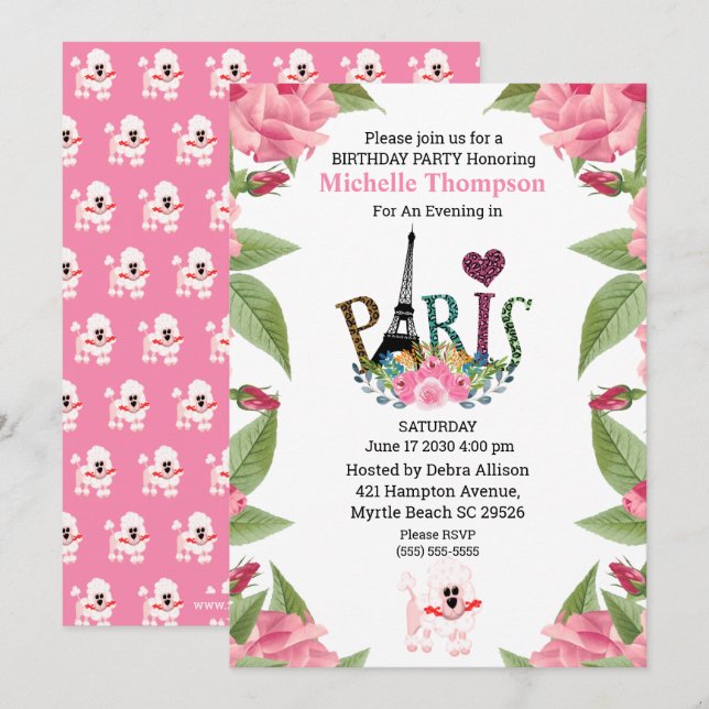 Eiffel Tower Floral Paris France  Birthday   Invitation (Front/Back)