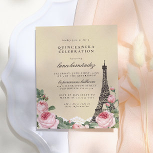 Eiffel Tower Floral Paris Themed Quinceañera Invitation Postcard