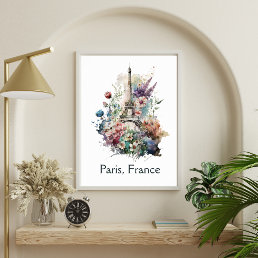 Eiffel Tower Flower Floral Watercolor Paris France Poster