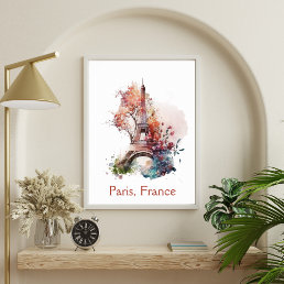 Eiffel Tower Flower Floral Watercolor Paris France Poster