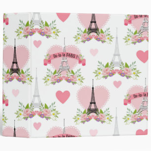 Eiffel Tower Flowers Pink Hearts Paris French 3 Ring Binder
