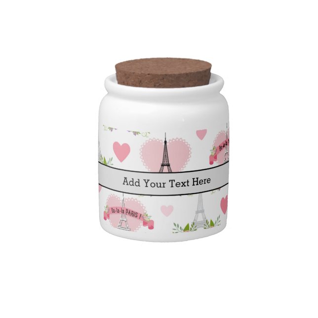 Eiffel Tower Flowers Pink Hearts Paris French Candy Jar (Front)