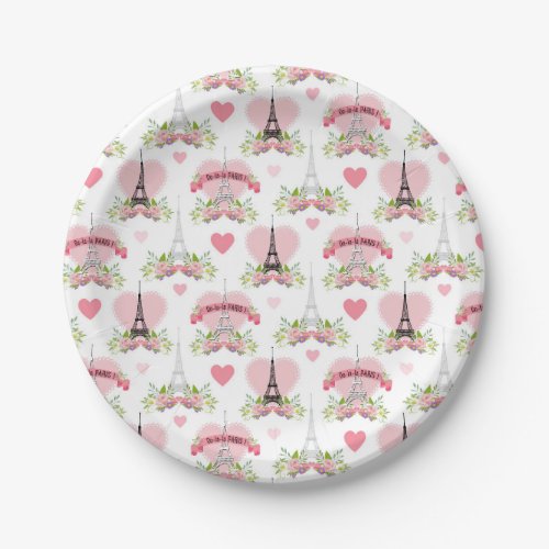 Eiffel Tower Flowers Pink Hearts Paris French Paper Plates