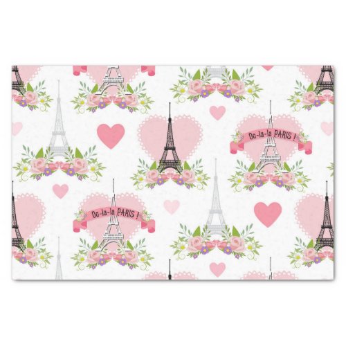 Eiffel Tower Flowers Pink Hearts Paris French Tissue Paper