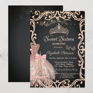 Eiffel Tower Frame Dress Glitter Butterfly Invitation