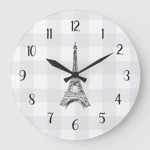Eiffel Tower French Country Gray Gingham Pattern Large Clock
