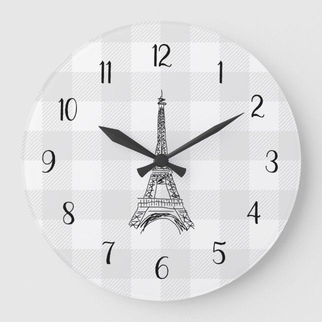 Eiffel Tower French Country Gray Gingham Pattern Large Clock (Front)