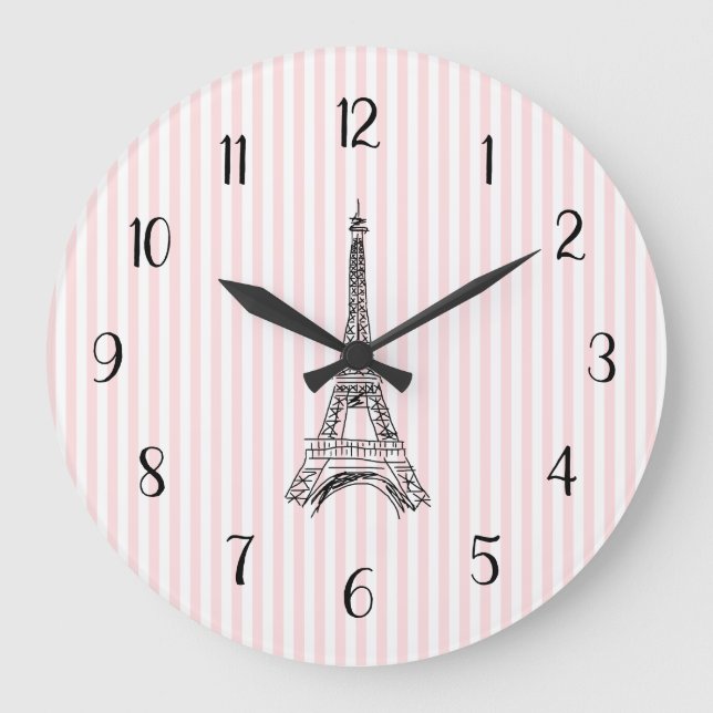 Eiffel Tower French Country Pink Stripe Large Clock (Front)