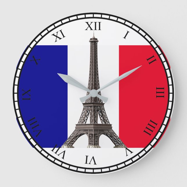 Eiffel Tower French Flag Bk Roman Numbers Rd Clock (Front)