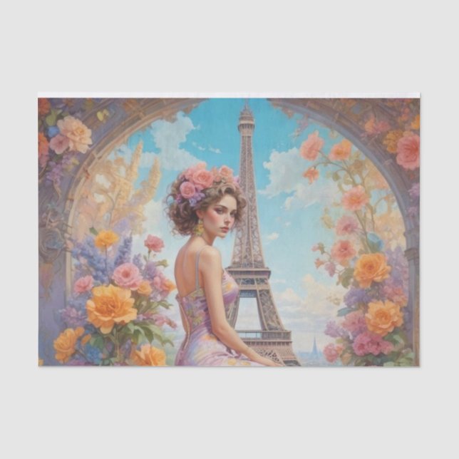 Eiffel Tower French Woman Floral Decoupage Paper  (Front)