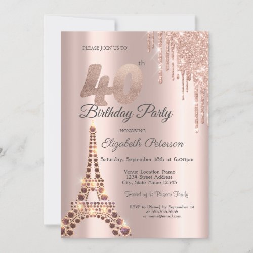 Eiffel Tower Glitter Drips Paris 40th Birthday  Invitation