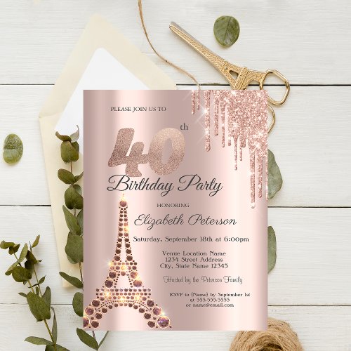 Eiffel Tower Glitter Drips Paris 40th Birthday  Invitation