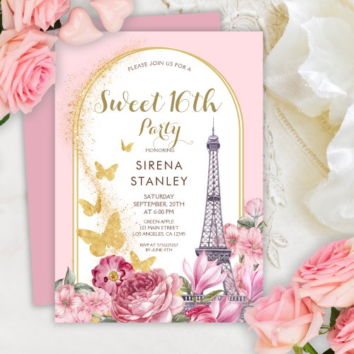 Eiffel Tower Glitters  Flowers Girly Sweet 16 Invitation