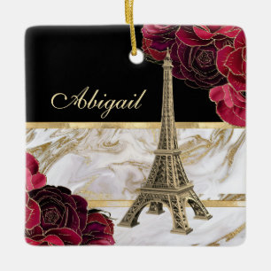 Eiffel Tower Gold, Black Marble Rose Christmas Ceramic Ornament