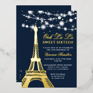 Eiffel tower gold glitter lights blue Sweet 16 Foil Invitation
