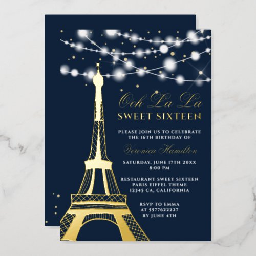 Eiffel tower gold glitter lights blue Sweet 16 Foil Invitation
