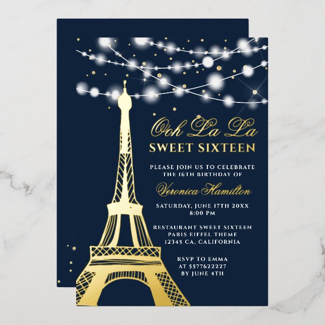 Eiffel tower gold glitter lights blue Sweet 16 Foil Invitation (Front/Back)