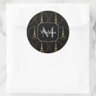 Eiffel Tower gold glitter sparkles Black Monogram Classic Round Sticker