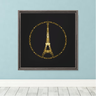 Eiffel Tower gold glitter sparkles on Black Canvas Print