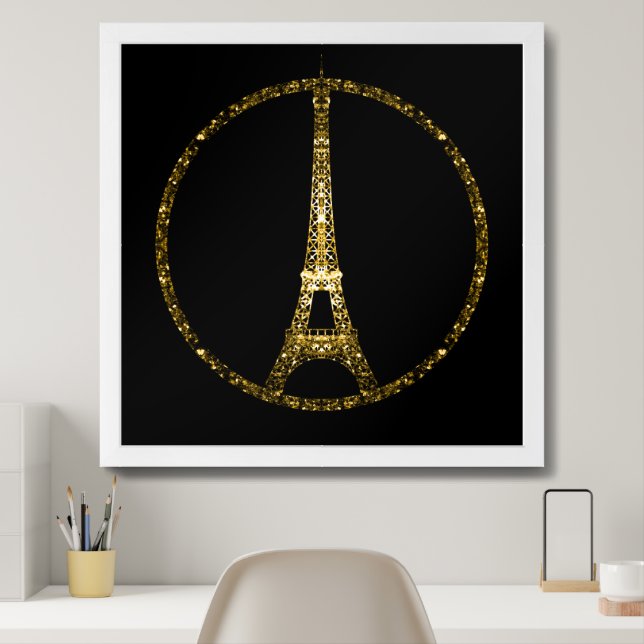 Eiffel Tower gold glitter sparkles on Black Framed Art (Home Office)