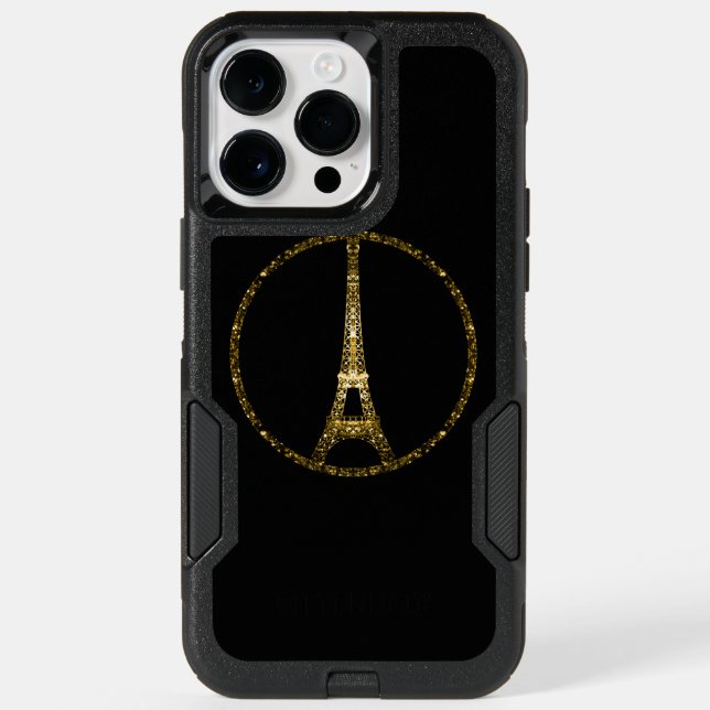 Eiffel Tower gold glitter sparkles on Black Otterbox iPhone Case (Back)