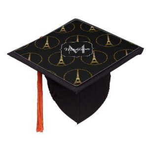Eiffel Tower gold sparkles pattern Monogram Black Graduation Cap Topper