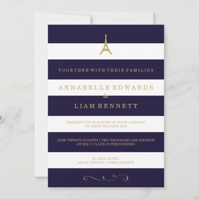 Eiffel Tower gold striped Wedding Invitation (Front)