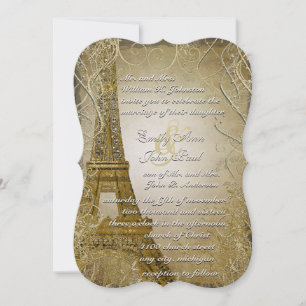 Eiffel Tower Gold Swirl Leaves Burnt Gold Metallic Invitation
