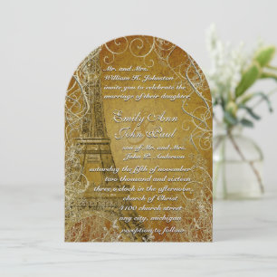 Eiffel Tower Gold Swirl Leaves Burnt Gold Metallic Invitation